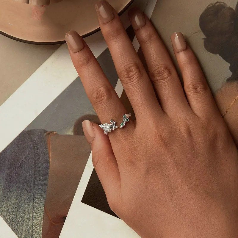 Bague ouverte conque incrustée de zircones cubiques vertes, série Ocean, bagues réglables