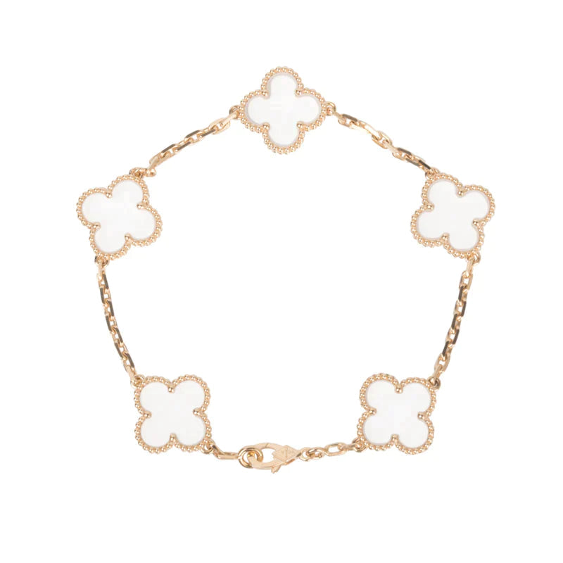 [Bijoux de luxe] Bracelet en or rose avec cristaux de roche et 5 motifs de trèfle