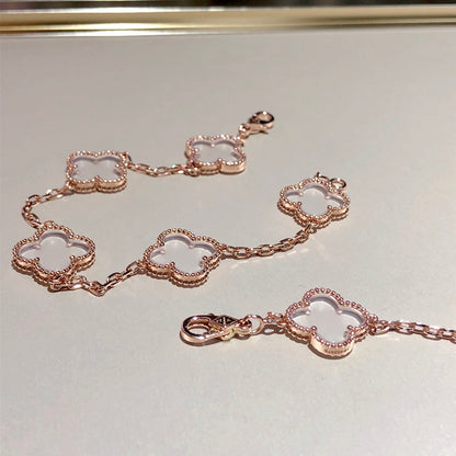 [Bijoux de luxe] Bracelet en or rose avec cristaux de roche et 5 motifs de trèfle