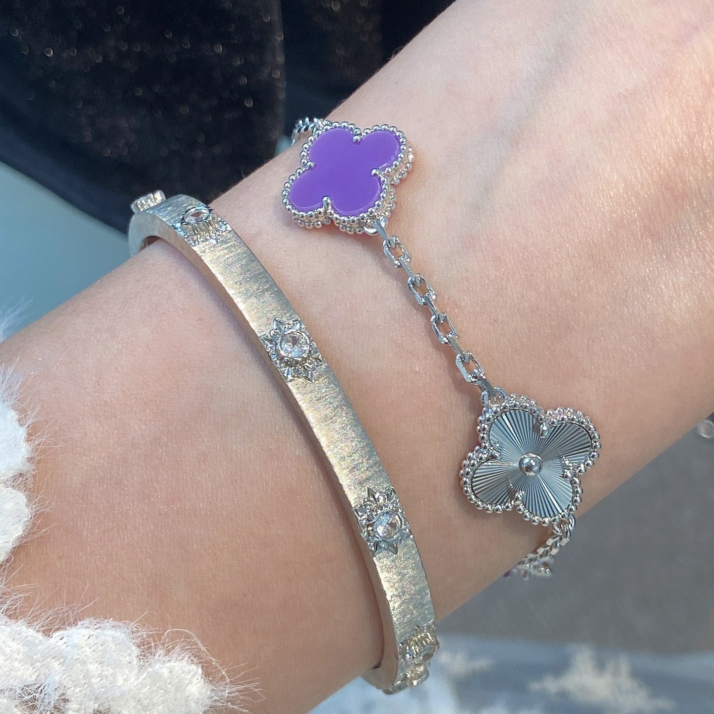 [Bijoux de luxe] BRACELET TRÈFLE 5 MOTIFS VIOLET VIOLET ARGENT