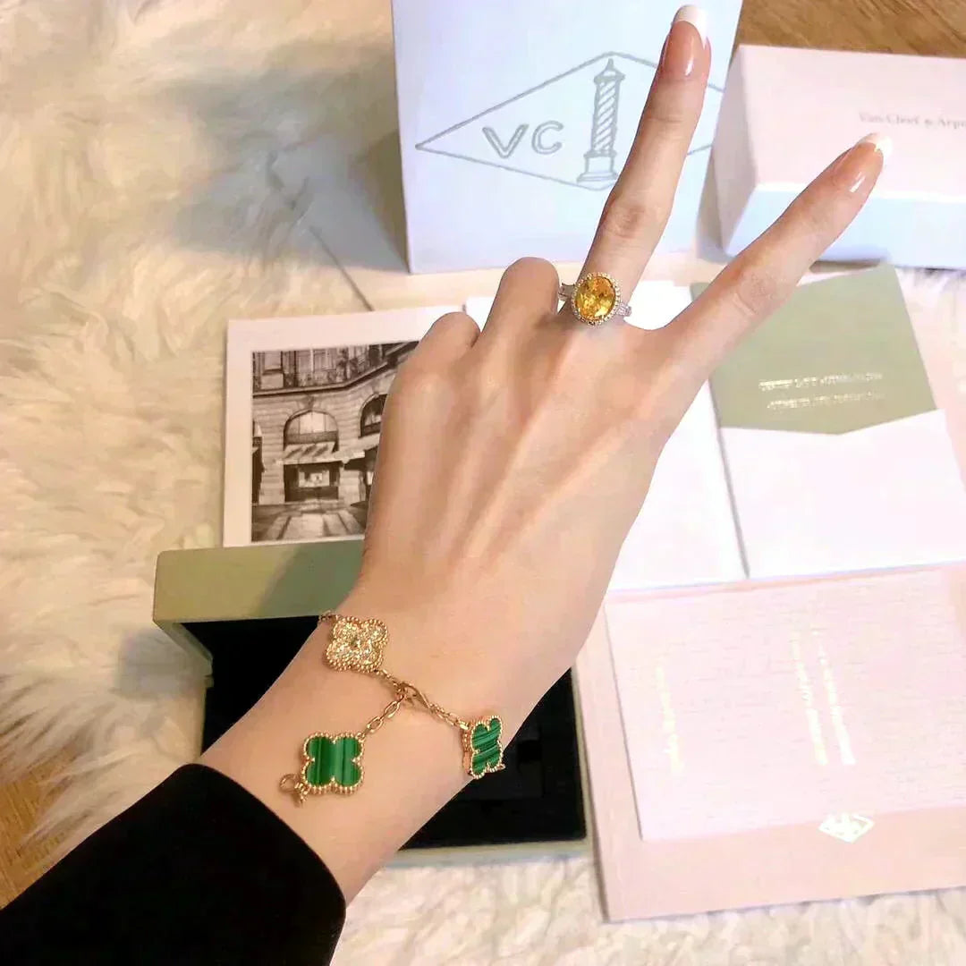 [Luxe Jewelry]CLOVER  5 MOTIF MALACHITE DIAMOND BRACELET