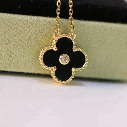 [Luxe Jewelry]CLOVER 15MM DIAMOND ONYX NECKLACE