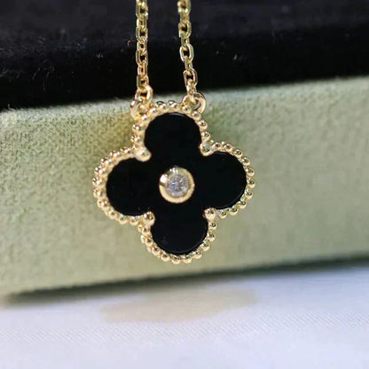 [Luxe Jewelry]CLOVER 15MM DIAMOND ONYX NECKLACE
