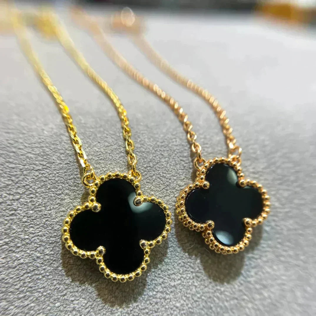 [Luxe Jewelry]CLOVER 15MM BLACK ONYX SINGLE FLOWER NECKLACE