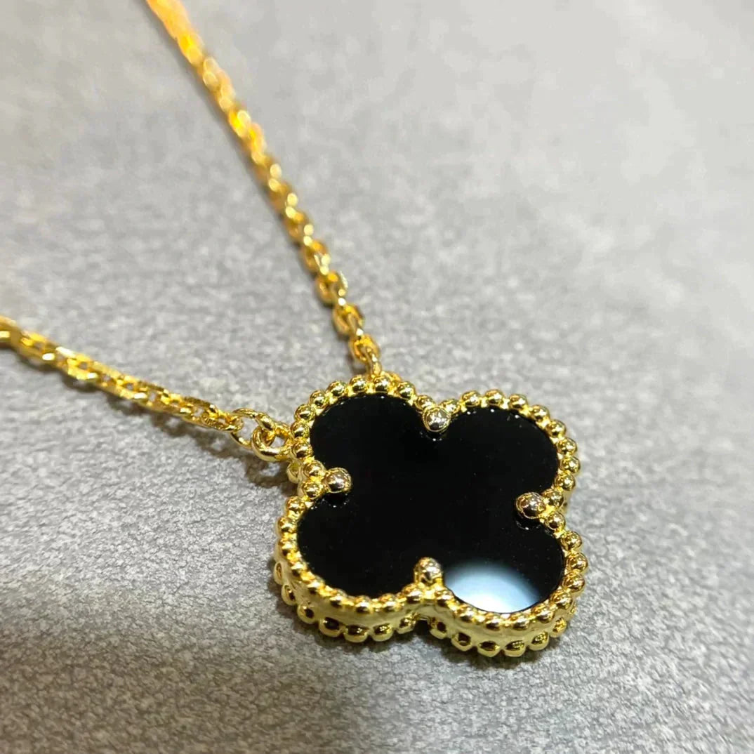 [Luxe Jewelry]CLOVER 15MM BLACK ONYX SINGLE FLOWER NECKLACE