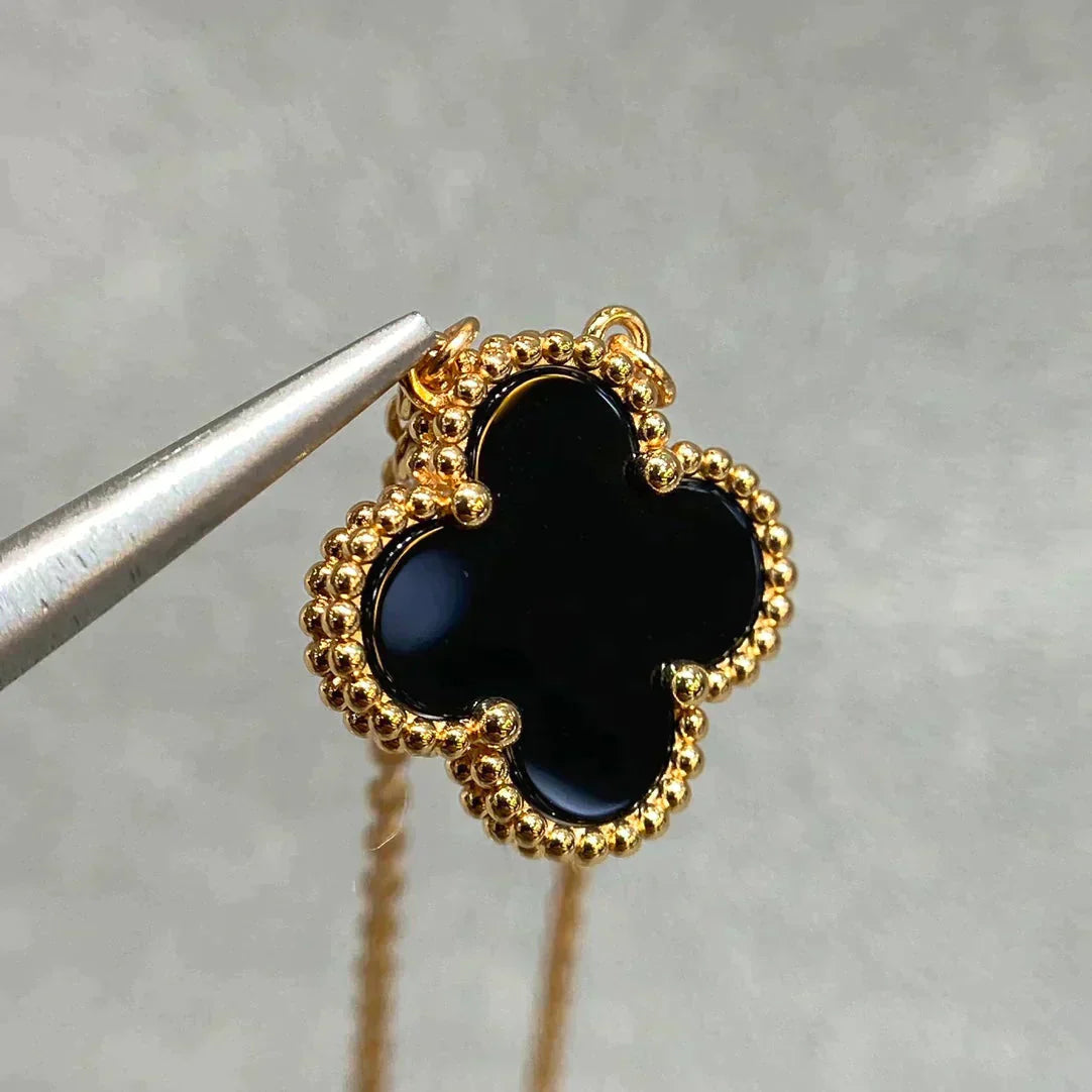 [Luxe Jewelry]CLOVER 15MM BLACK ONYX SINGLE FLOWER NECKLACE