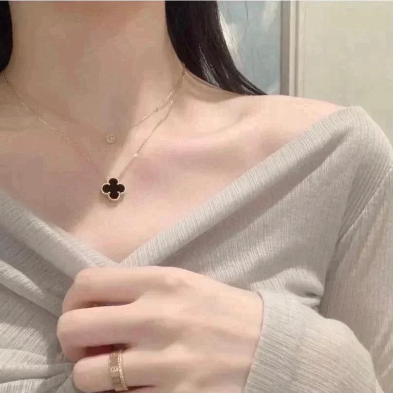 [Luxe Jewelry]CLOVER 15MM BLACK ONYX SINGLE FLOWER NECKLACE