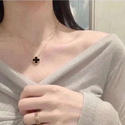 [Luxe Jewelry]CLOVER 15MM BLACK ONYX SINGLE FLOWER NECKLACE