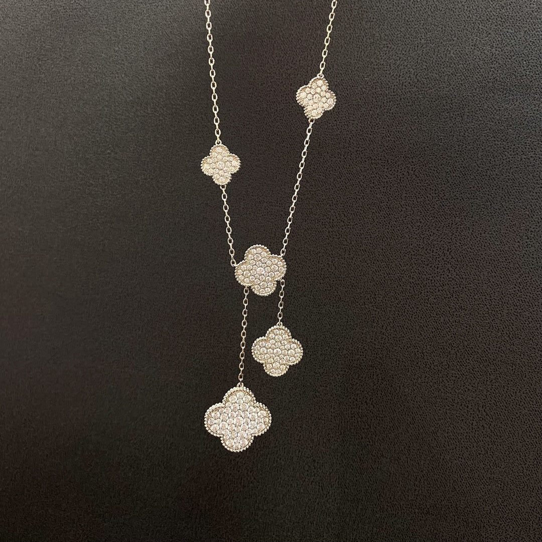[Luxe Jewelry]CLOVER 5 MOTIFS SILVER DIAMONDS NECKLACE