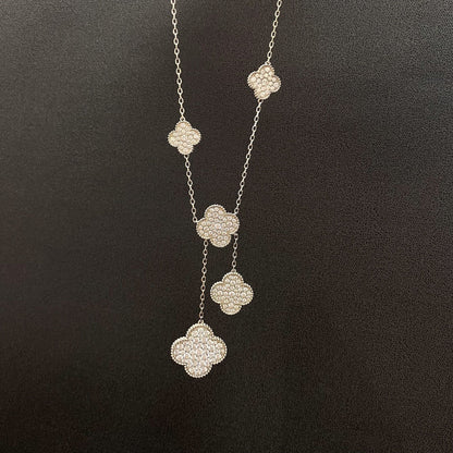 [Luxe Jewelry]CLOVER 5 MOTIFS SILVER DIAMONDS NECKLACE
