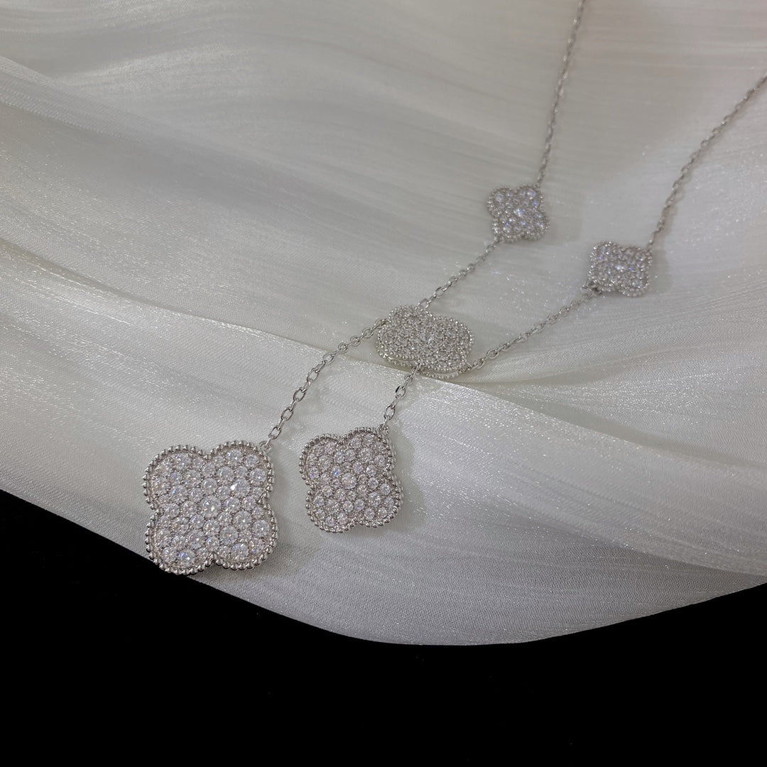 [Luxe Jewelry]CLOVER 5 MOTIFS SILVER DIAMONDS NECKLACE