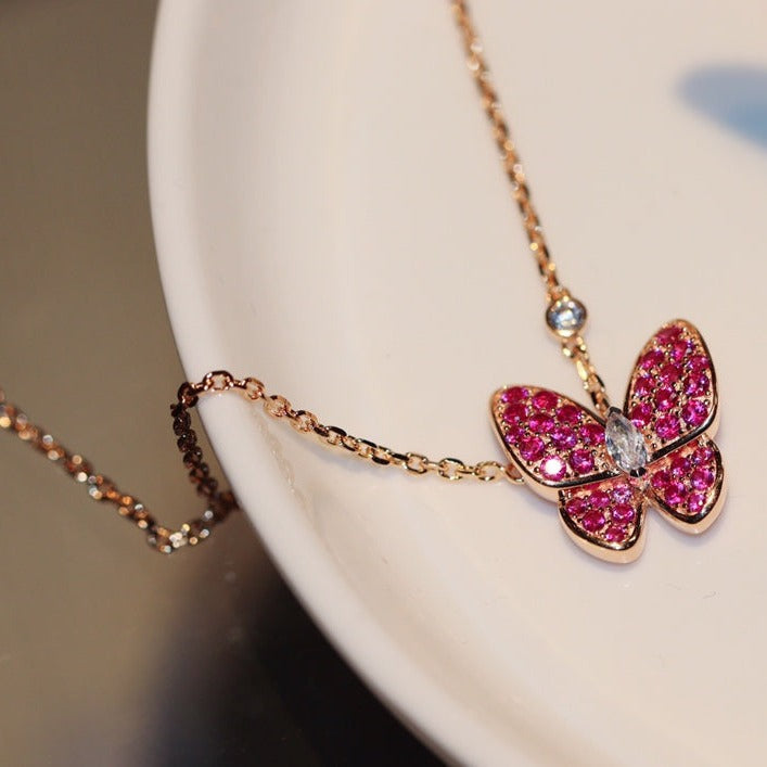 [Luxe Jewelry]BUTTERFLY RED DIAMOND ROSE GOLD NECKLACE