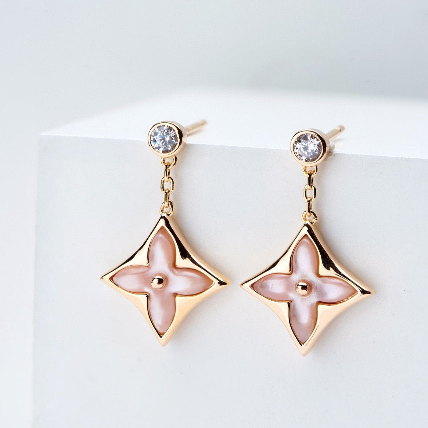 [Bijoux de luxe]Boucles d'oreilles pendantes en or rose à double étoile