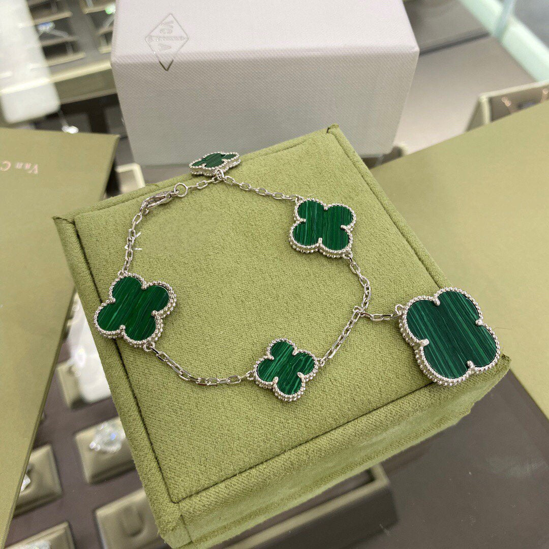 [Luxe Jewelry]CLOVER 5 MOTIFS SIVLER MALACHITE BRACELET