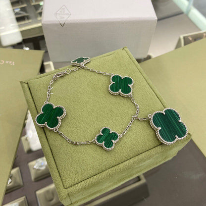 [Luxe Jewelry]CLOVER 5 MOTIFS SIVLER MALACHITE BRACELET