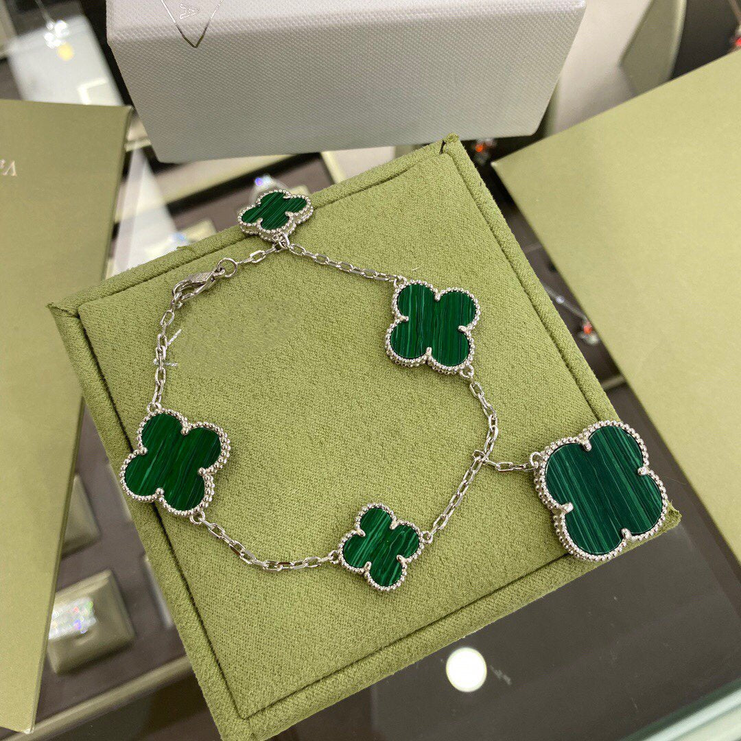 [Luxe Jewelry]CLOVER 5 MOTIFS SIVLER MALACHITE BRACELET