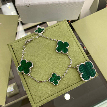 [Luxe Jewelry]CLOVER 5 MOTIFS SIVLER MALACHITE BRACELET