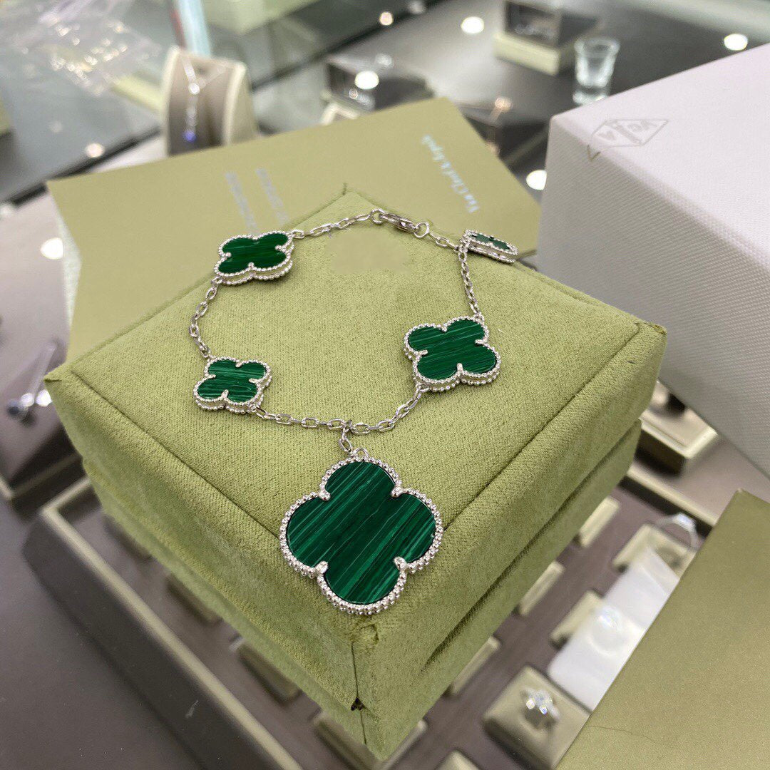 [Luxe Jewelry]CLOVER 5 MOTIFS SIVLER MALACHITE BRACELET