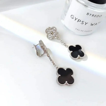 [Luxe Jewelry]CLOVER 2 MOTIFS  DIAMOND ONYX EARRINGS SILVER