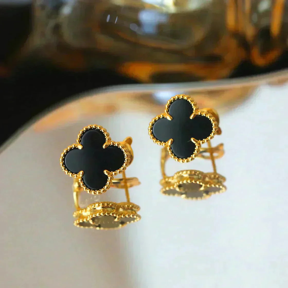 [Luxe Jewelry]CLOVER MEDIUM 1 MOTIFS  ONYX STUD EARRINGS