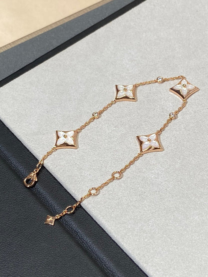 [Bijoux de luxe] Bracelet en or rose avec diamants et nacre à 4 motifs étoiles
