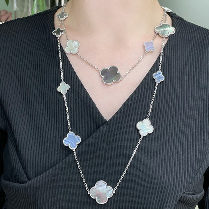 [Luxe Jewelry]CLOVER 16 MOTIF CHALCEDONY MOP SILVER NECKLACE