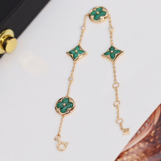 [Bijoux de luxe] Bracelet en or rose et malachite à 4 motifs étoiles et soleil