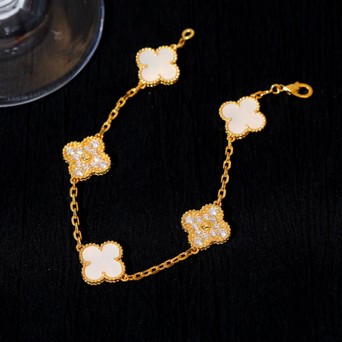 [Bijoux de luxe] Bracelet trèfle 5 motifs nacre blanche diamant 