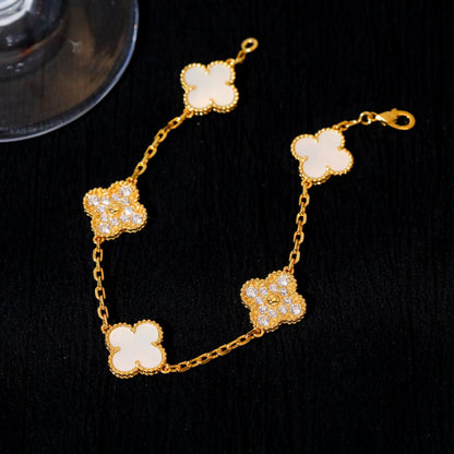 [Bijoux de luxe] Bracelet trèfle 5 motifs nacre blanche diamant 
