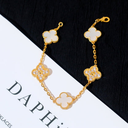 [Bijoux de luxe] Bracelet trèfle 5 motifs nacre blanche diamant 