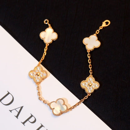 [Bijoux de luxe] Bracelet trèfle 5 motifs nacre blanche diamant 
