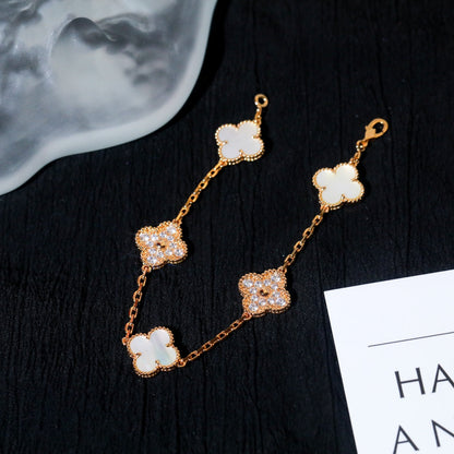 [Bijoux de luxe] Bracelet trèfle 5 motifs nacre blanche diamant 