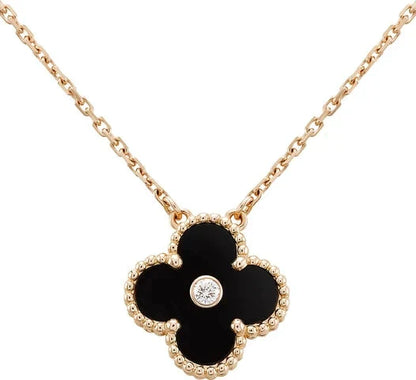 [Luxe Jewelry]CLOVER 15MM DIAMOND ONYX NECKLACE