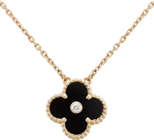[Luxe Jewelry]CLOVER 15MM DIAMOND ONYX NECKLACE