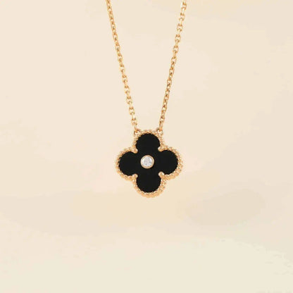 [Luxe Jewelry]CLOVER 15MM DIAMOND ONYX NECKLACE
