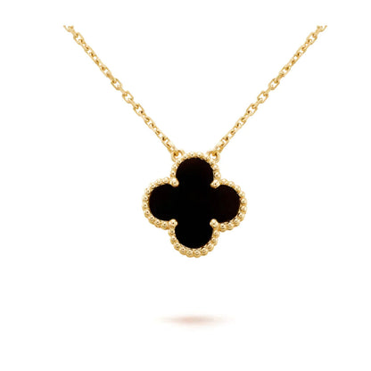 [Luxe Jewelry]CLOVER 15MM BLACK ONYX SINGLE FLOWER NECKLACE