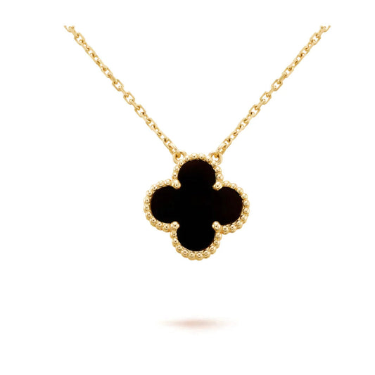 [Luxe Jewelry]CLOVER 15MM BLACK ONYX SINGLE FLOWER NECKLACE