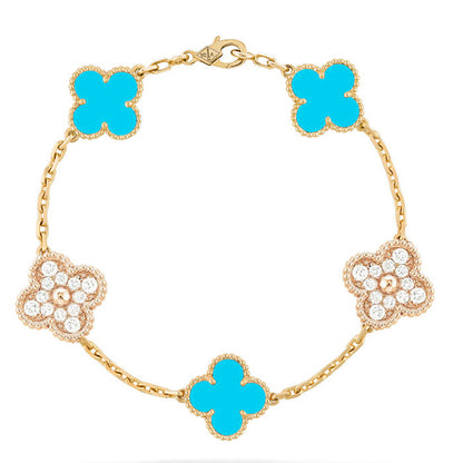 [Bijoux de luxe] BRACELET EN OR ET DIAMANTS TURQUOISE À 5 MOTIFS CLOVER