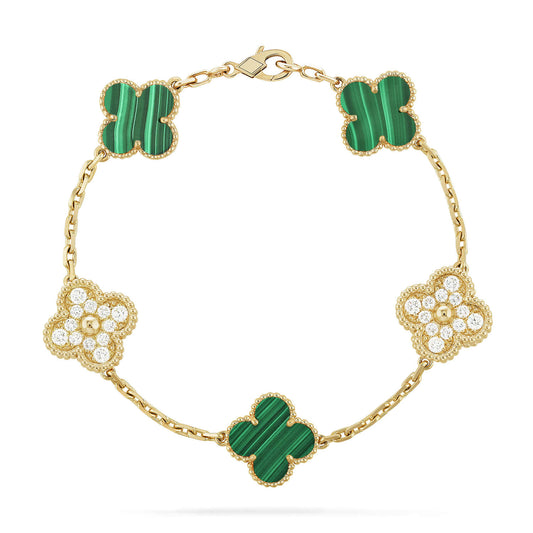 [Bijoux de luxe] Bracelet diamant malachite à 5 motifs de trèfle