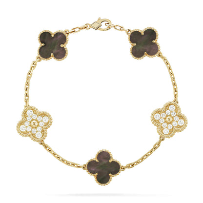 [Bijoux de luxe] Bracelet diamants gris à 5 motifs de trèfle