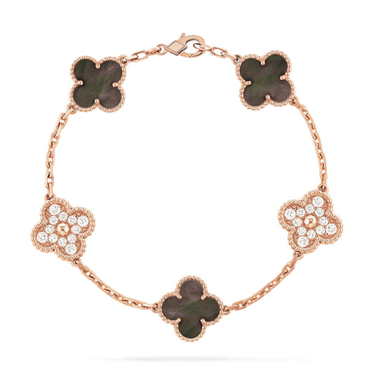[Bijoux de luxe] BRACELET EN OR ROSE À 5 MOTIFS, NACRE FONCÉE ET DIAMANTS 
