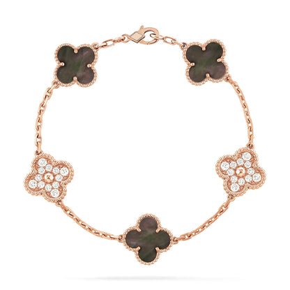 [Bijoux de luxe] Bracelet diamants gris à 5 motifs de trèfle