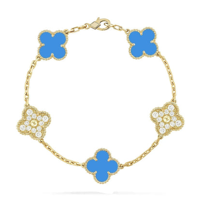 [Bijoux de luxe] BRACELET EN OR ET DIAMANTS À 5 MOTIFS DE TRÉFLE EN CALCÉDOINE BLEUE 