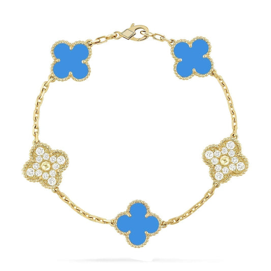 [Bijoux de luxe] BRACELET EN OR ET DIAMANTS À 5 MOTIFS DE TRÉFLE EN CALCÉDOINE BLEUE 