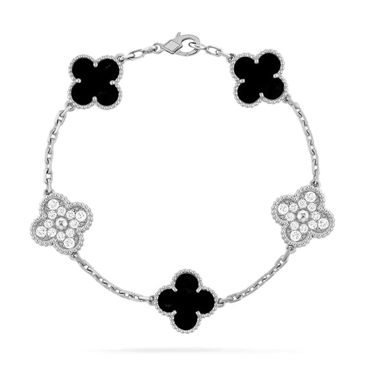 [Luxe Jewelry]CLOVER 5 MOTIF ONYXS DIAMOND BRACELET SILVER