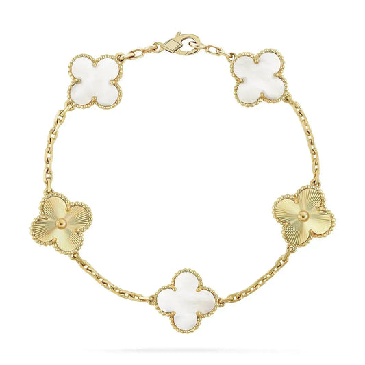 [Bijoux de luxe] Bracelet trèfle 5 motifs nacre blanche or rose