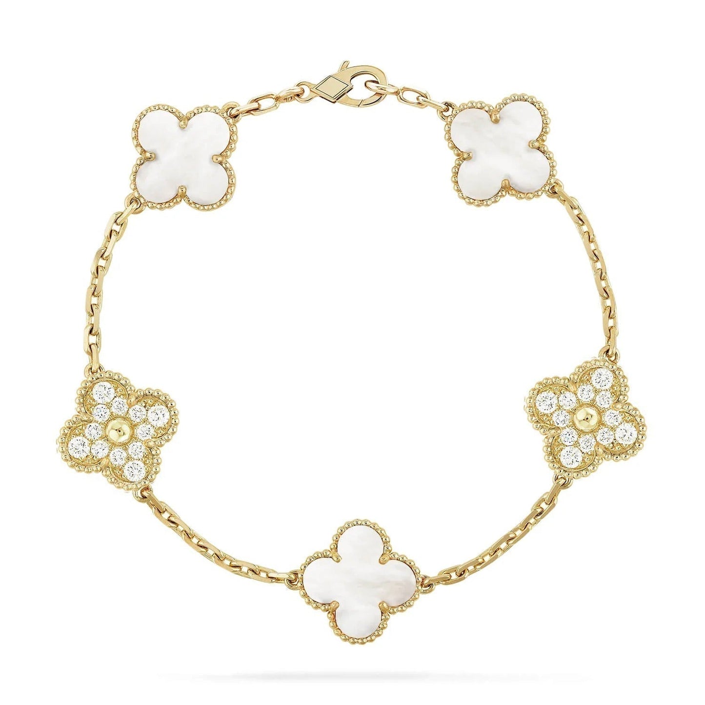 [Bijoux de luxe] Bracelet trèfle 5 motifs nacre blanche diamant 