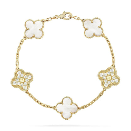 [Bijoux de luxe] Bracelet trèfle 5 motifs nacre blanche diamant 