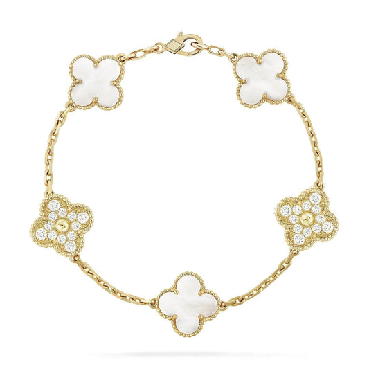 [Bijoux de luxe] Bracelet trèfle 5 motifs nacre blanche diamant 