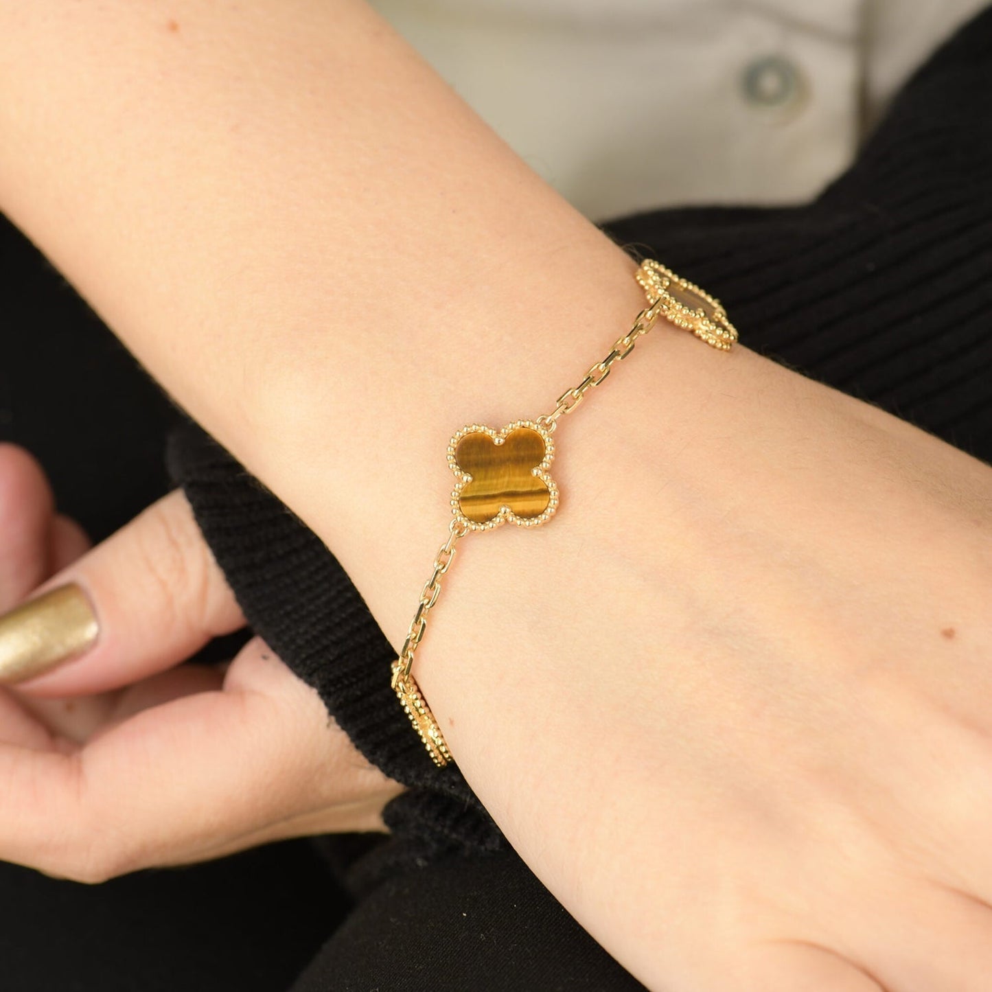 [Luxe Jewelry]CLOVER  5 MOTIFS TIGER EYE BRACELET